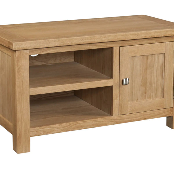 Wooden TV stand with a door and shelves on a white background