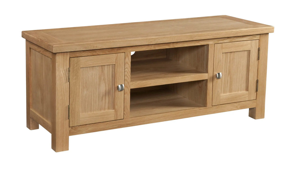 Wooden TV stand with two doors on a white background
