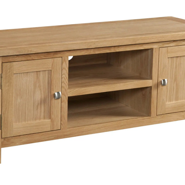 Wooden TV stand with two doors on a white background