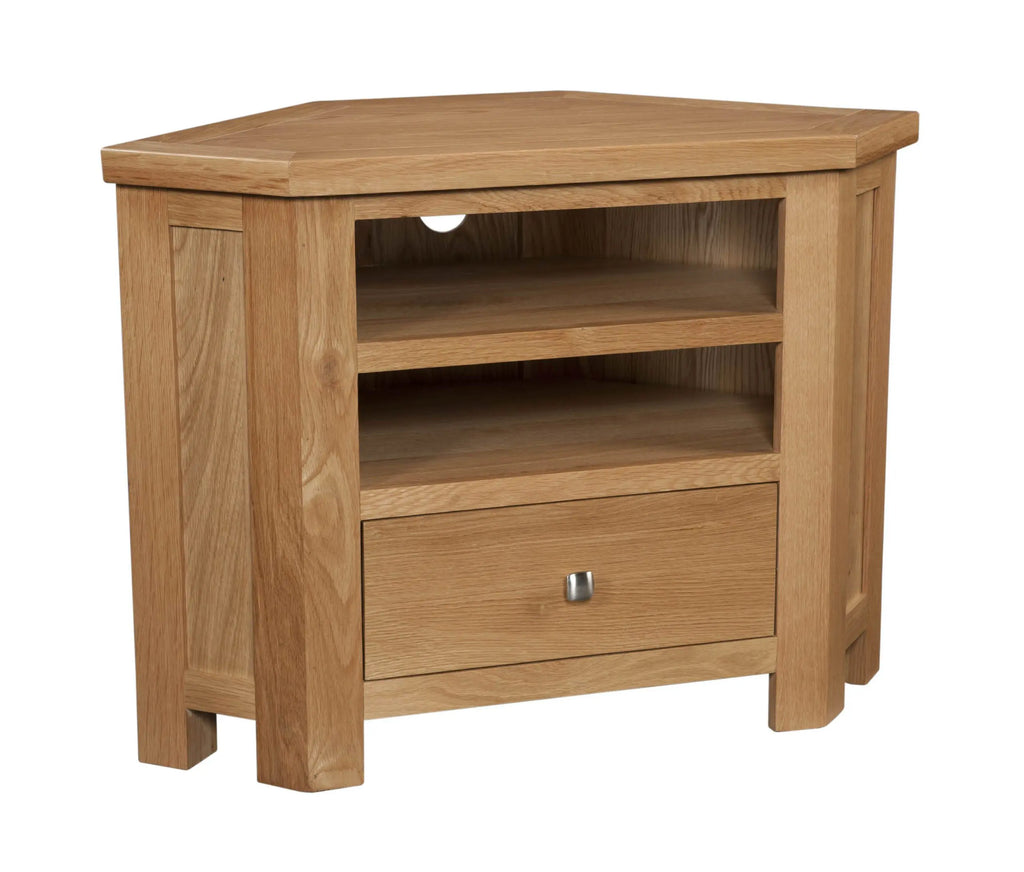 Wooden corner TV stand with a drawer on a white background