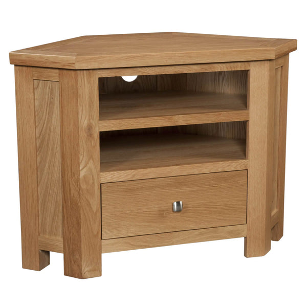 Wooden corner TV stand with a drawer on a white background