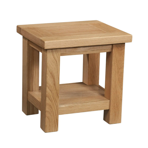 Wooden side table with a shelf on a white background