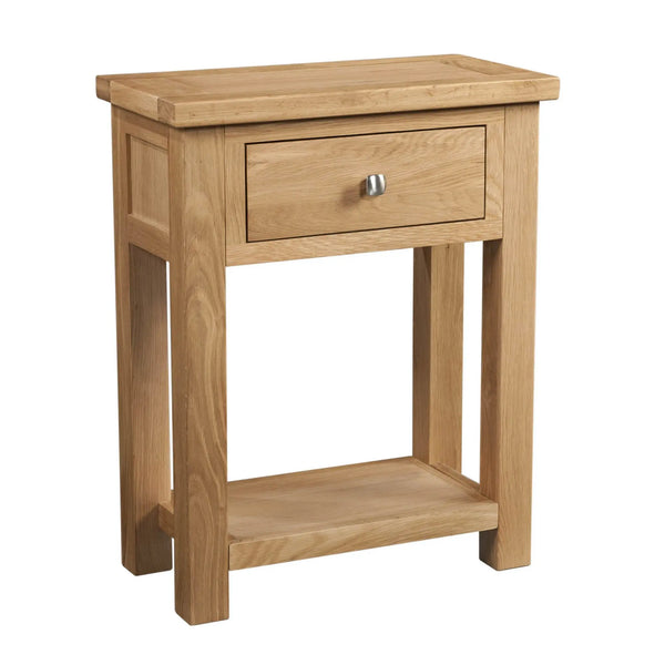 Wooden side table with a drawer on a white background