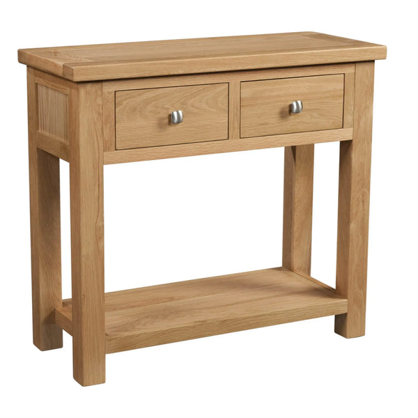 Wooden console table with two drawers on a white background
