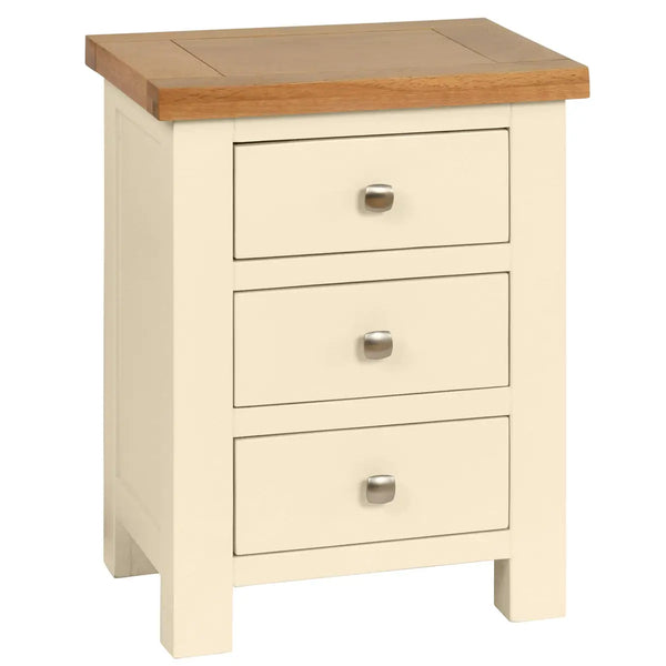 Beige side table with three drawers and a wooden top on a white background