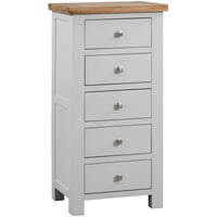 Gray dresser with four drawers and a wooden top on a white background