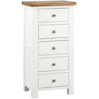 White dresser with four drawers and a wooden top on a white background