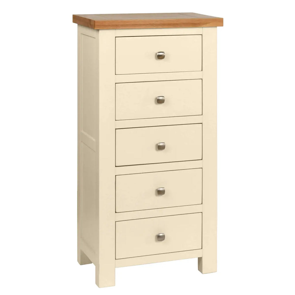 Wooden dresser with four drawers and a wooden top on a white background