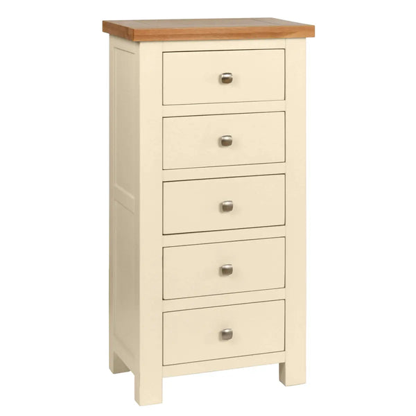 Wooden dresser with four drawers and a wooden top on a white background