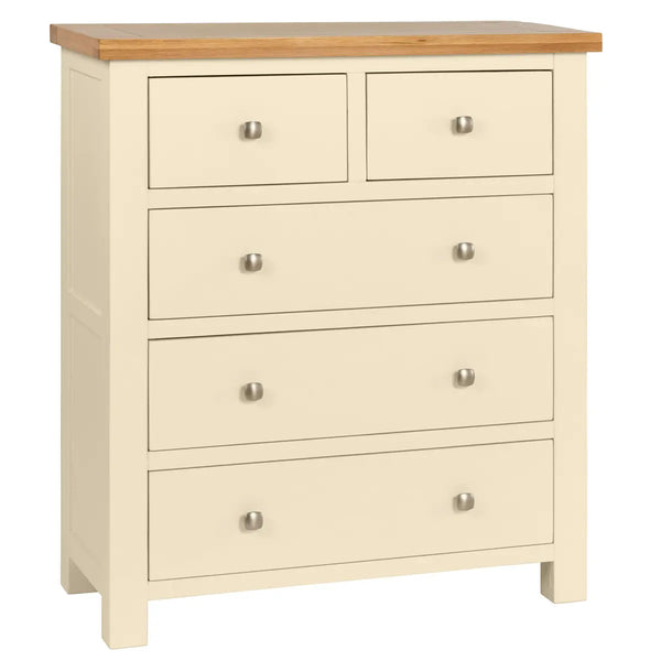 Beige chest of drawers with a wooden top on a white background