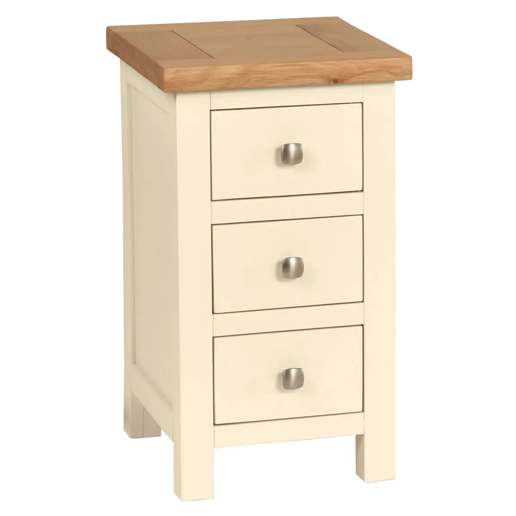 Wooden nightstand with three drawers and a wooden top on a white background