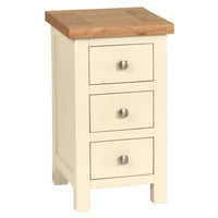 Wooden nightstand with three drawers and a wooden top on a white background