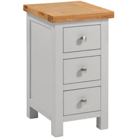 Gray bedside table with three drawers and a wooden top on a white background