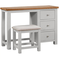 Grey dressing table with wooden top and matching stool on a white background