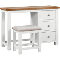 White dressing table with wooden top and matching stool on a white background