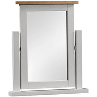 Grey wooden mirror with a wooden top on a white background