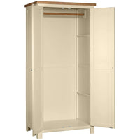 Beige wardrobe with wooden top and open doors on a white background