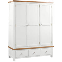 White wardrobe with wooden top and bottom section on a white background