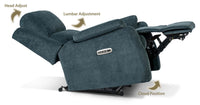 Denim blue recliner in the reclined position illustrating cloud position, lumbar adjustment and head adjust