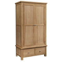 Wooden wardrobe with two doors and two drawers on a white background