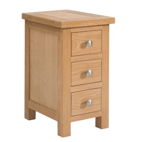Wooden nightstand with three drawers on a white background