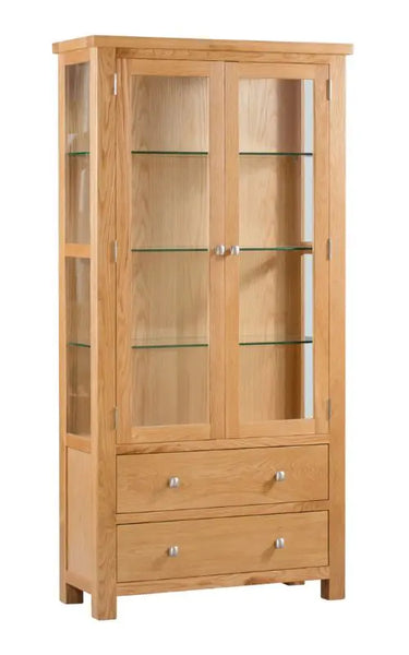 Wooden display cabinet with glass doors and drawers on a white background