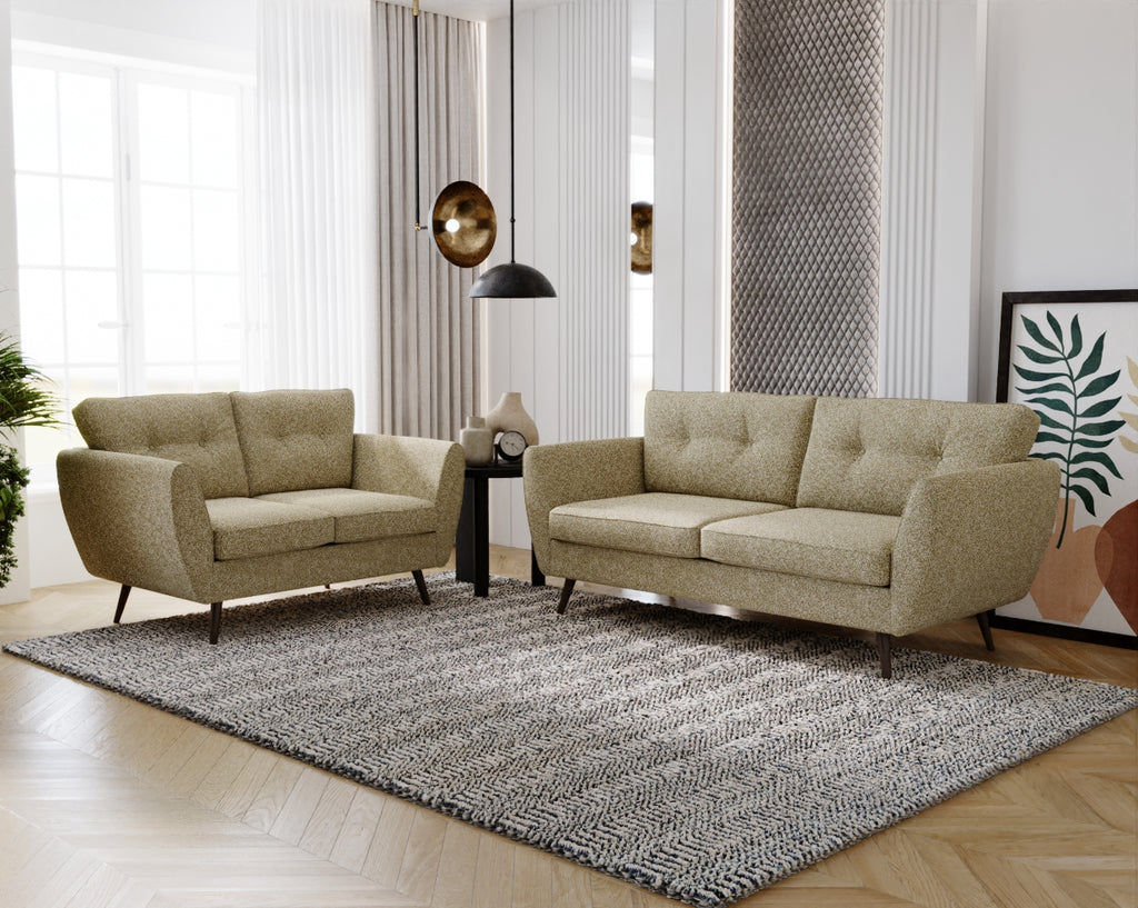 Beige sofa set in a modern living room with decorative elements.