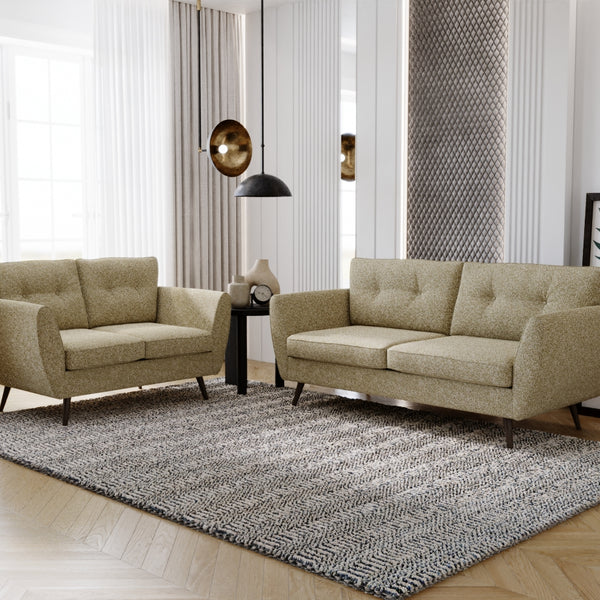 Beige sofa set in a modern living room with decorative elements.