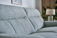 Light grey sofa in a living room setting with a lamp and plant in the background.