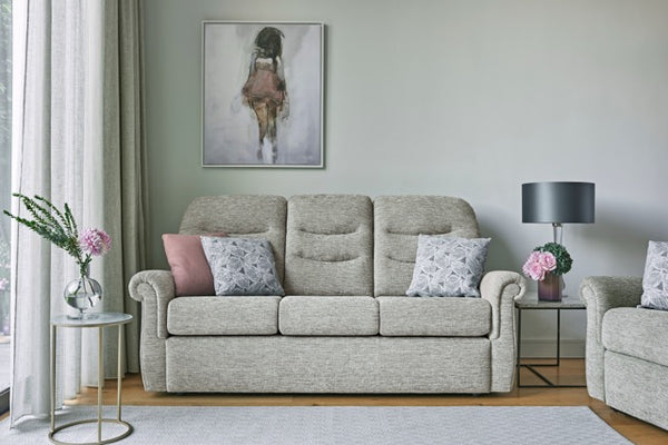 Grey sofa with decorative pillows in a living room setting.