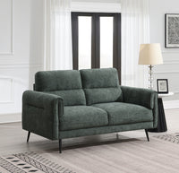 Green sofa in a living room setting with a lamp and framed picture in the background.