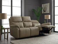 Beige recliner sofa in a modern living room with dark walls and large windows.