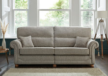 Load image into Gallery viewer, 4 seater grey sofa in a room with large windows and a lamp.

