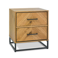 Wooden nightstand with two drawers and metal handles on a white background