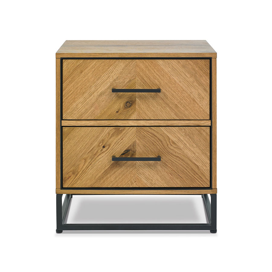 Wooden nightstand with two drawers and metal handles on a white background