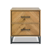 Wooden nightstand with two drawers and metal handles on a white background
