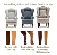 Three armchairs with different colour options and three sets of leg styles displayed below on a white background.