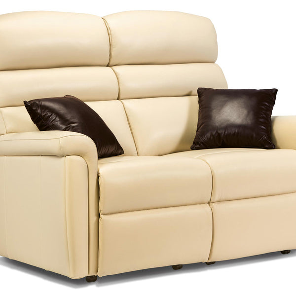 Beige leather sofa with two dark brown cushions on a white background