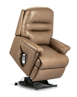 Brown leather recliner chair with remote control on a white background