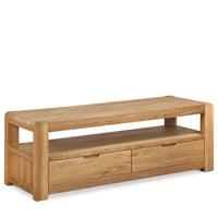 Wooden TV stand with drawers on a white background