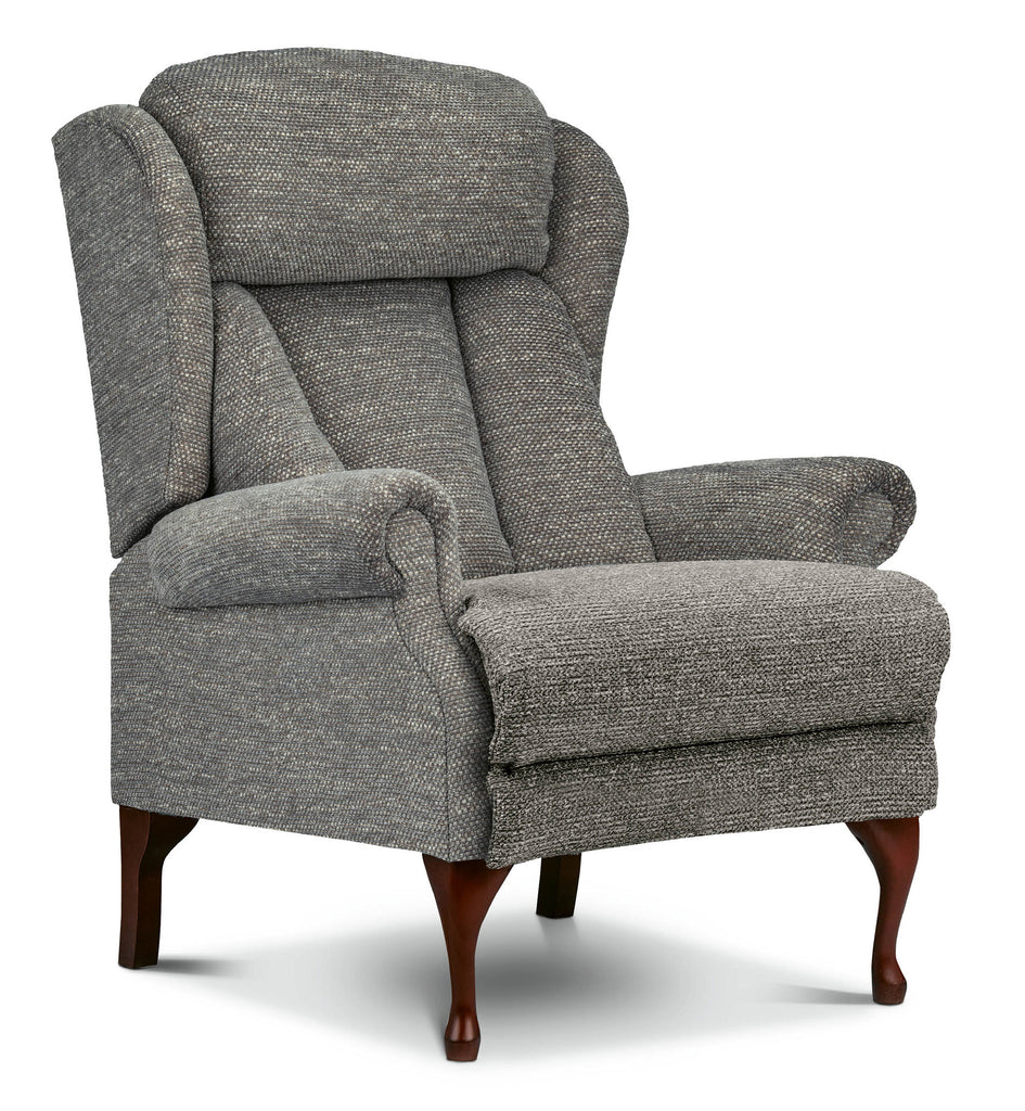 Neutral coloured fireside chair static and scroll arms