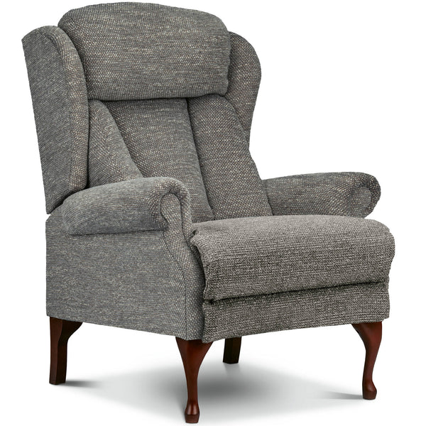 Neutral coloured fireside chair static and scroll arms