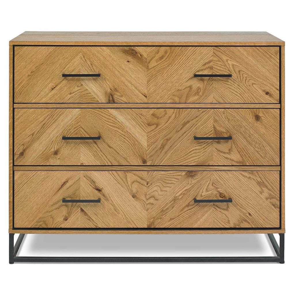 Wooden dresser with three drawers and black handles on a white background