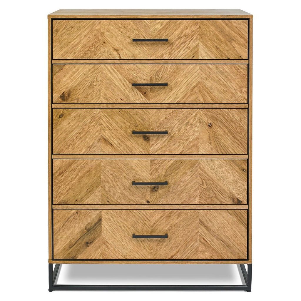 Wooden dresser with chevron pattern and black metal legs