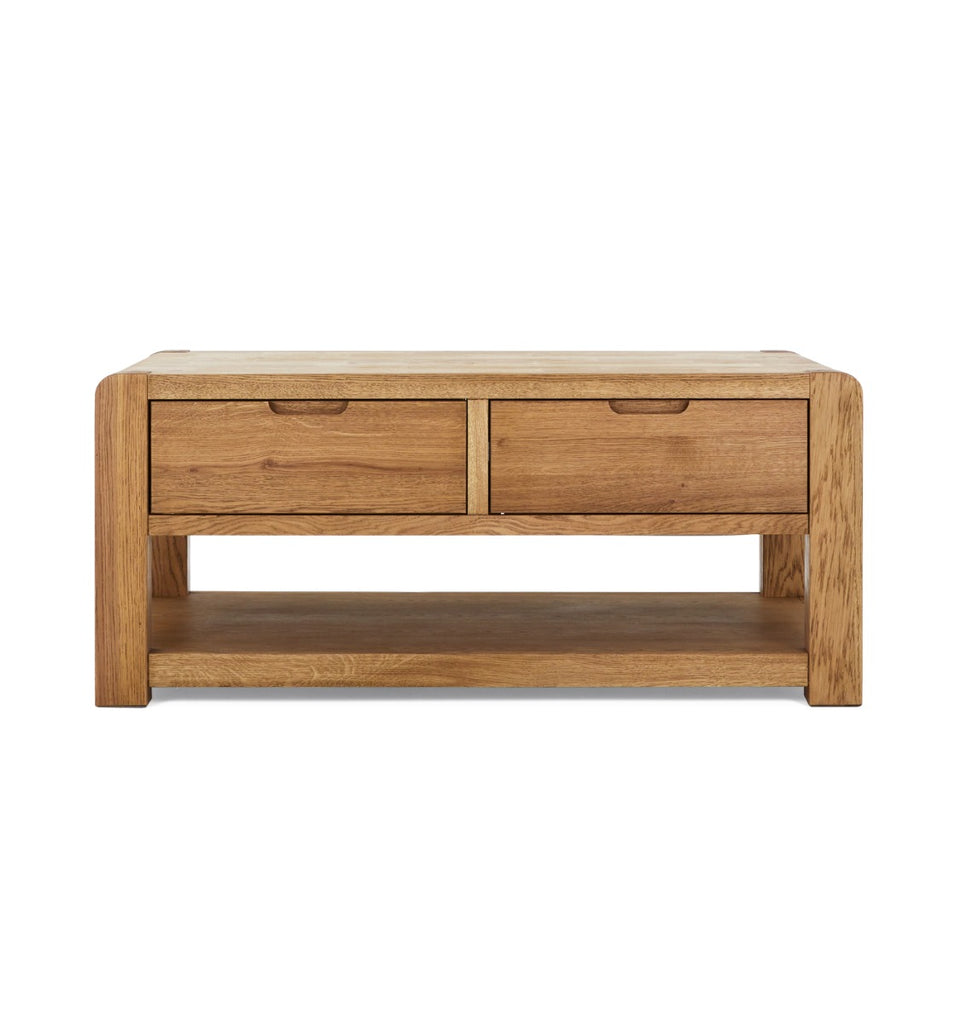 Wooden coffee table with two drawers on a white background