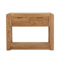 Wooden console table with two drawers on a white background
