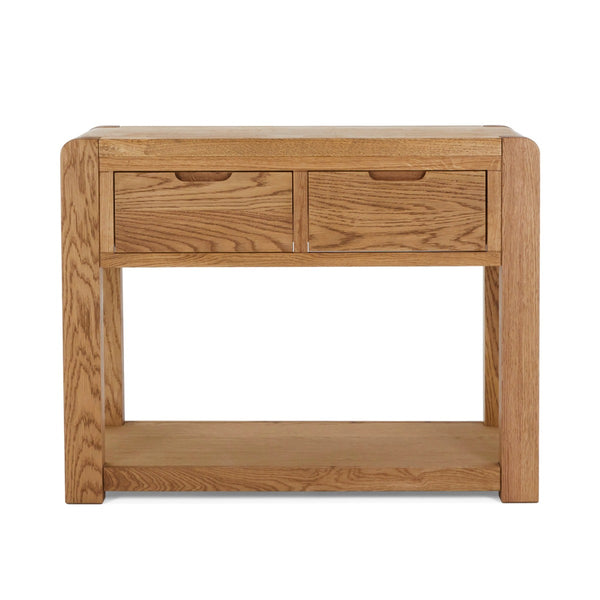 Wooden console table with two drawers on a white background