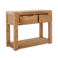 Wooden console table with two drawers on a white background
