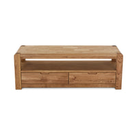 Wooden TV stand with two drawers on a white background