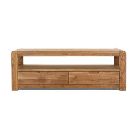Wooden TV stand with two drawers on a white background